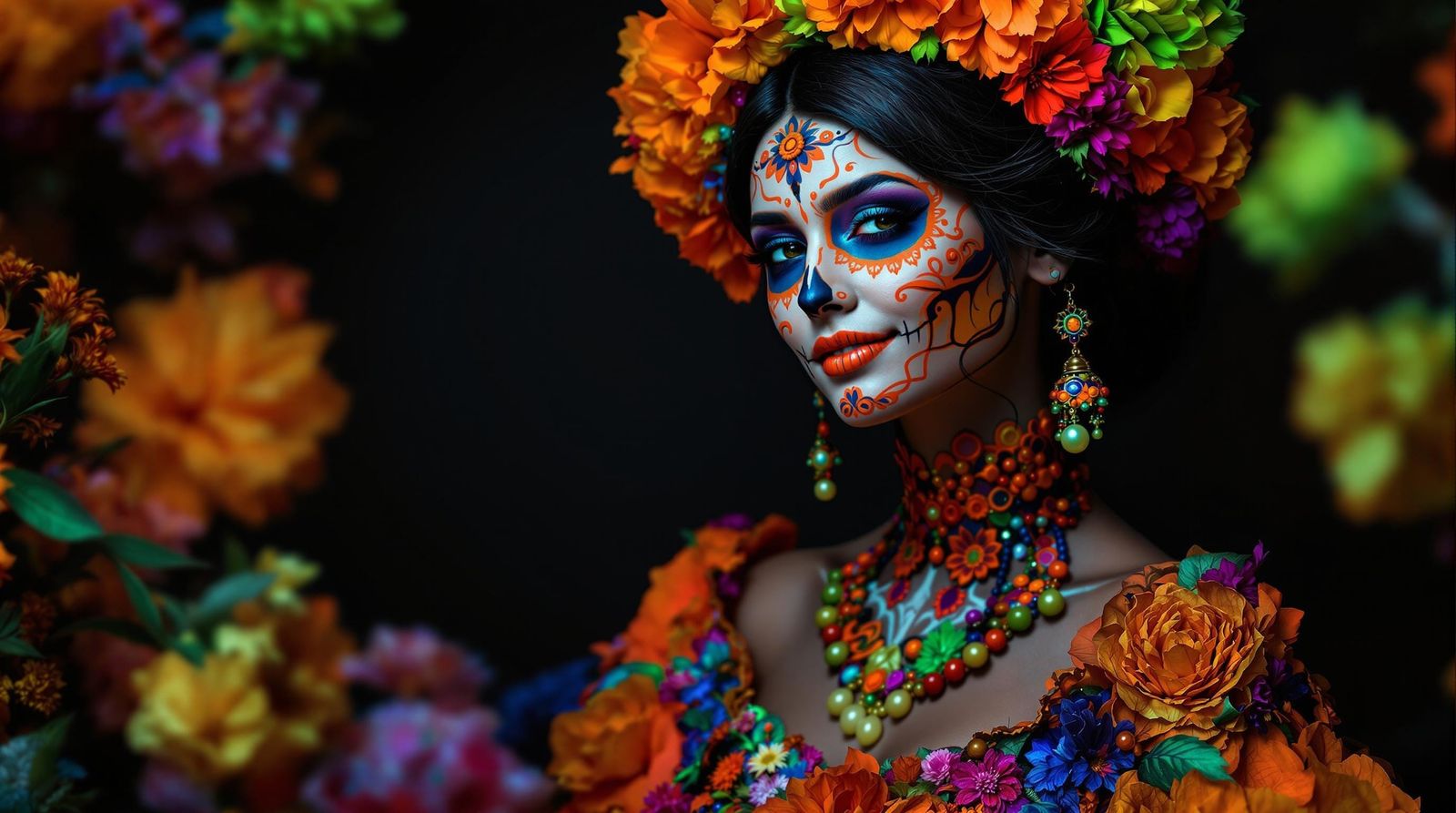 Neon Catrina in Día de los Muertos Dress