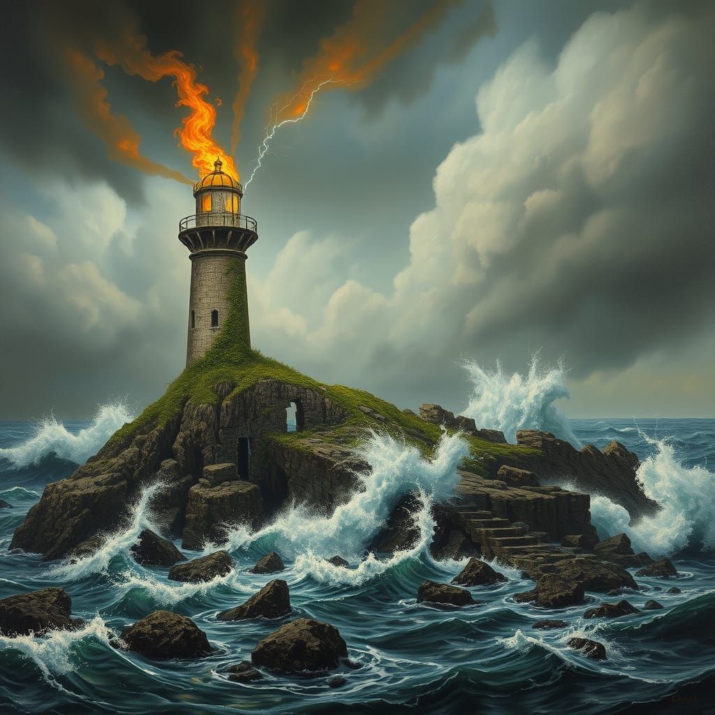 Stormy Lighthouse Ruins in Surrealist Style