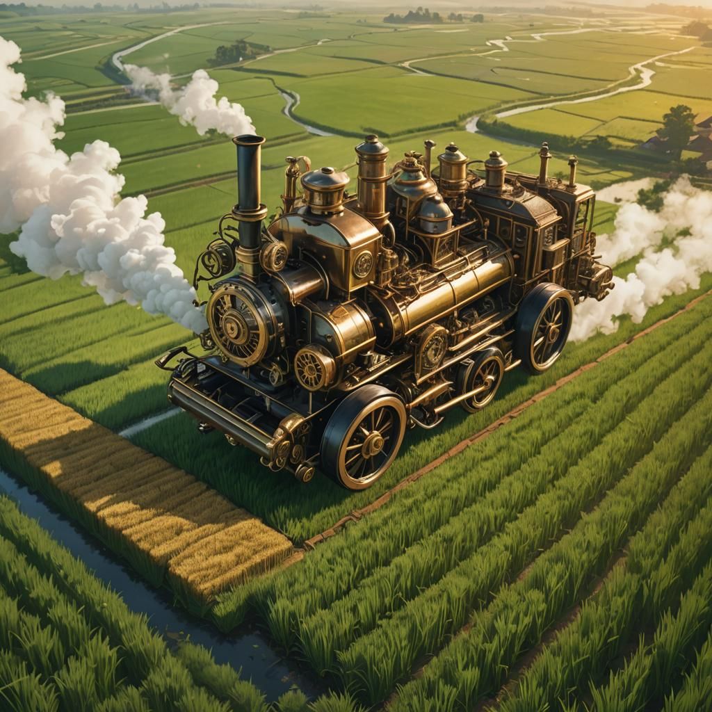 Steampunk Tractor in Rice Fields: Jules Verne Style