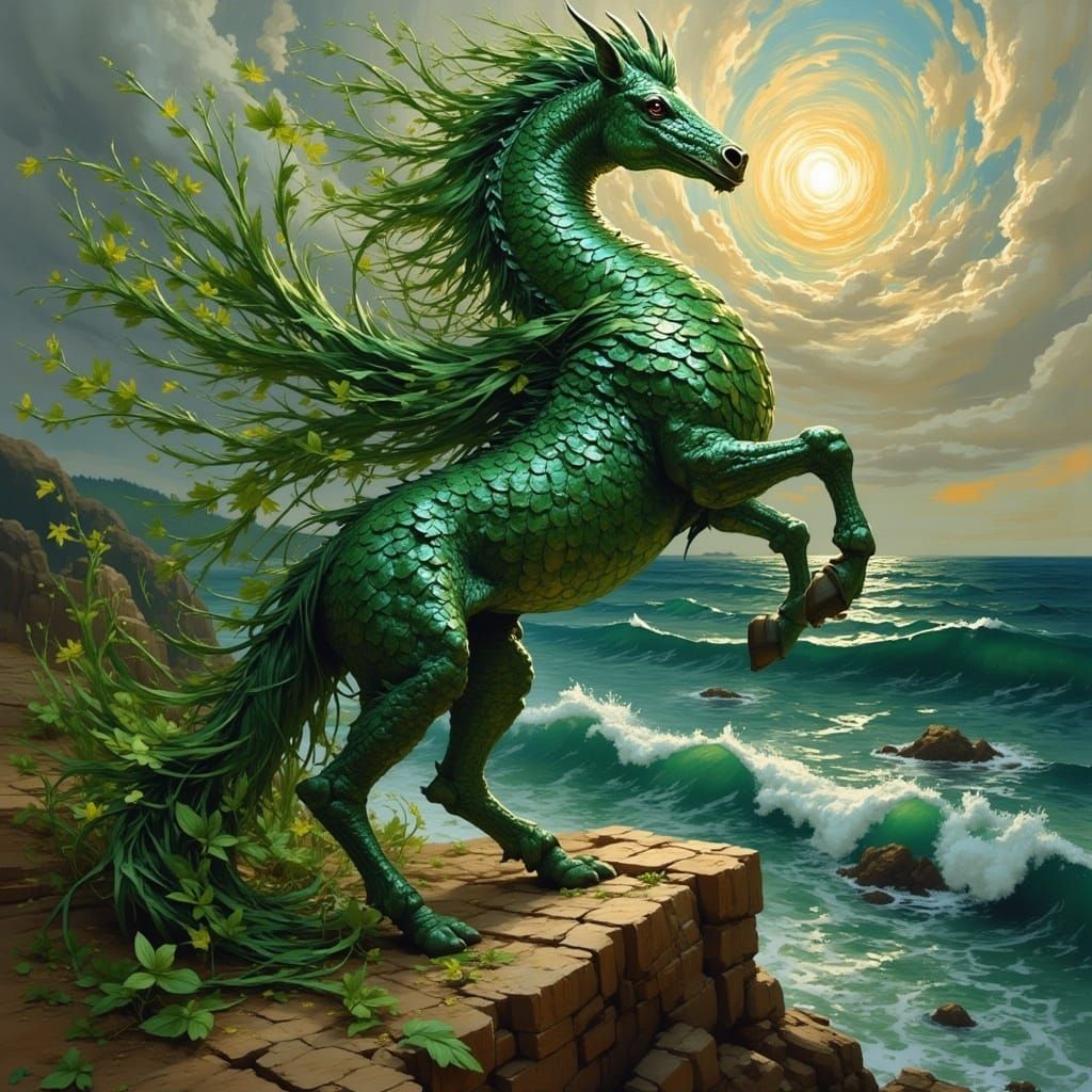 Kelpie Seahorse on Windswept Cliff, Oil Painting