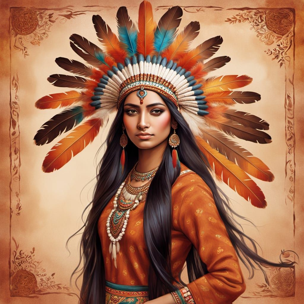 Young Indian Woman in Traditional Attire with Feathered Head...