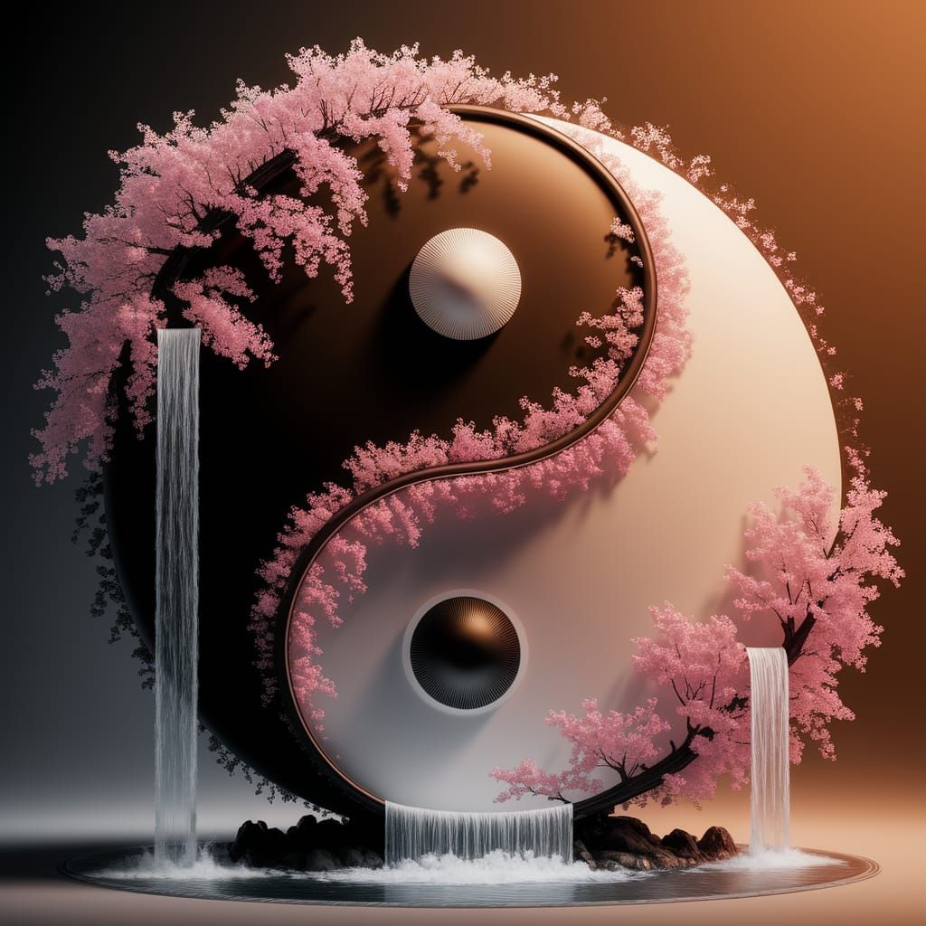 Yin Yang Symbol with Cherry Blossoms and Waterfalls