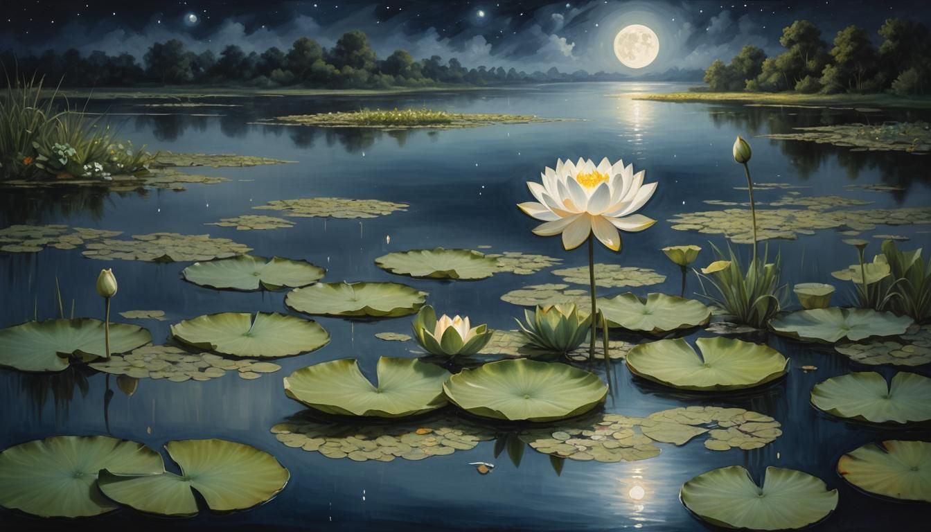 White Lotus on Night Pond Oil Painting