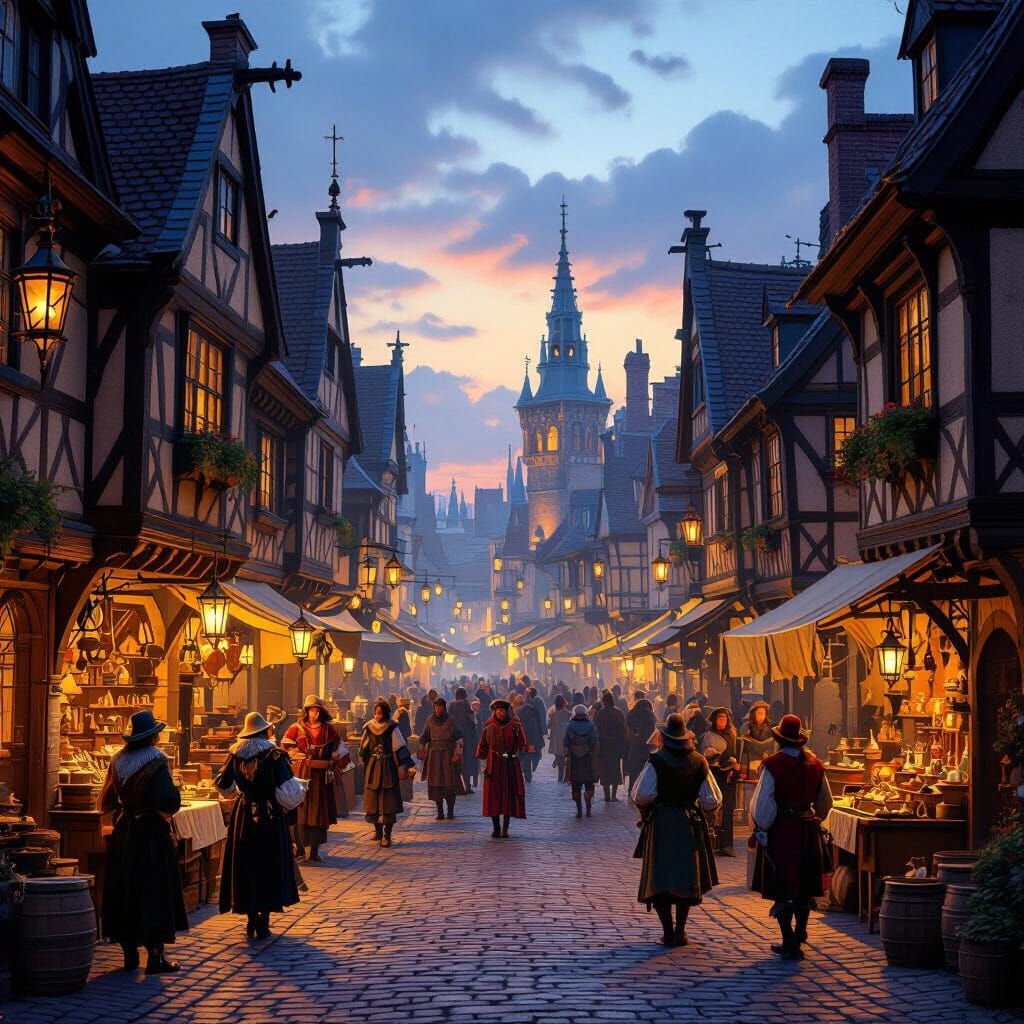Medieval Marketplace at Dusk with Lanterns