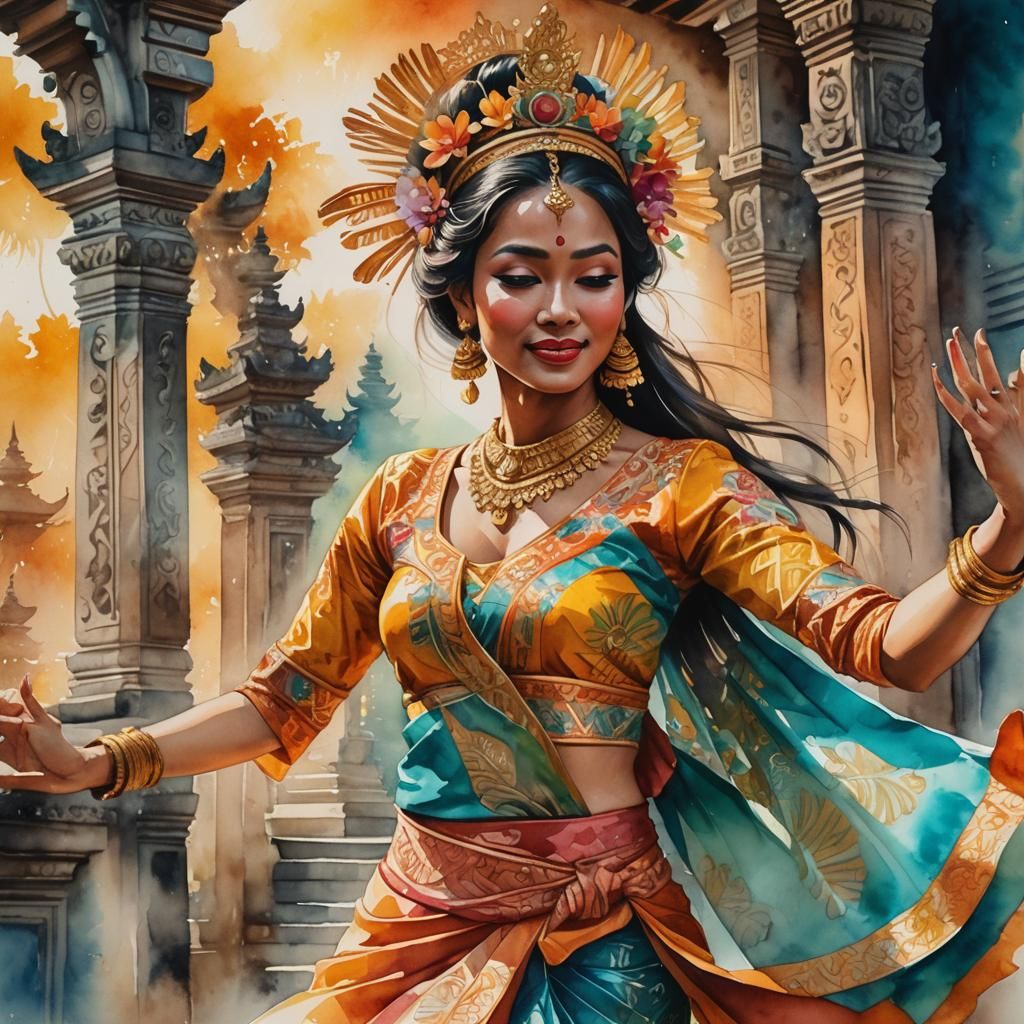 Balinese Dancer in Traditional Dress: Watercolor Art