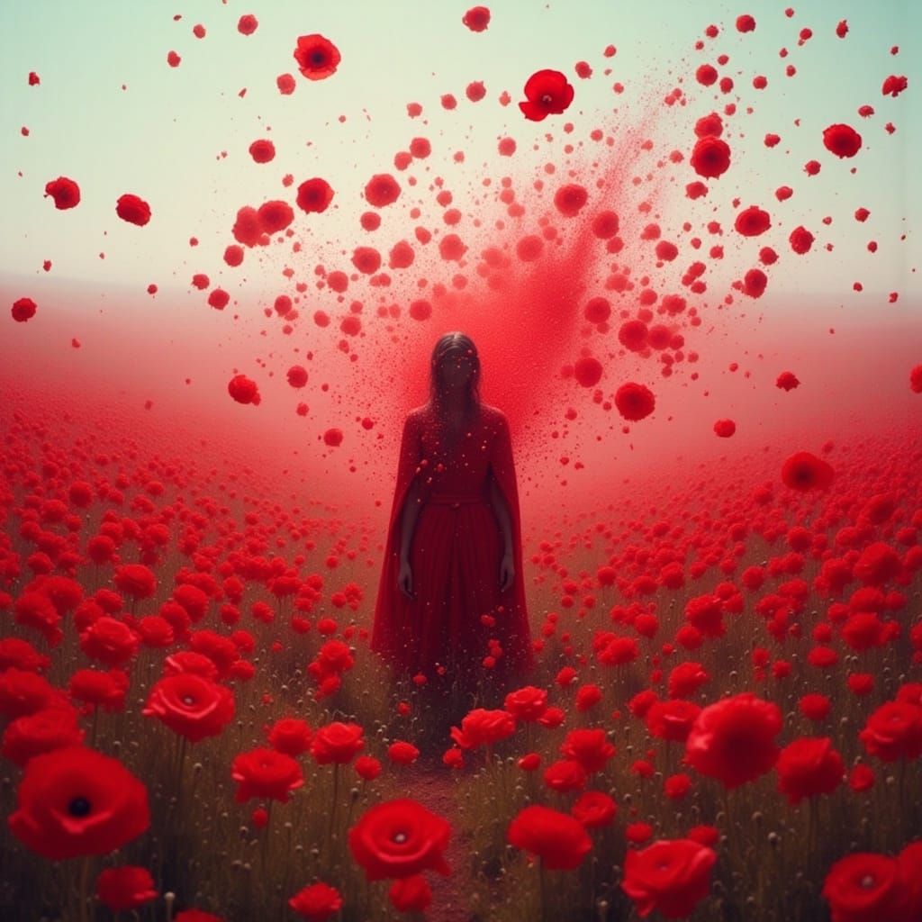 Vibrant Poppies Swirl Around a Lone Figure in Cinematic Chao...