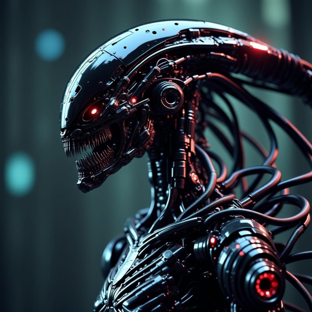 Sinister Cybernetic Xenomorph Android in Liminal Space