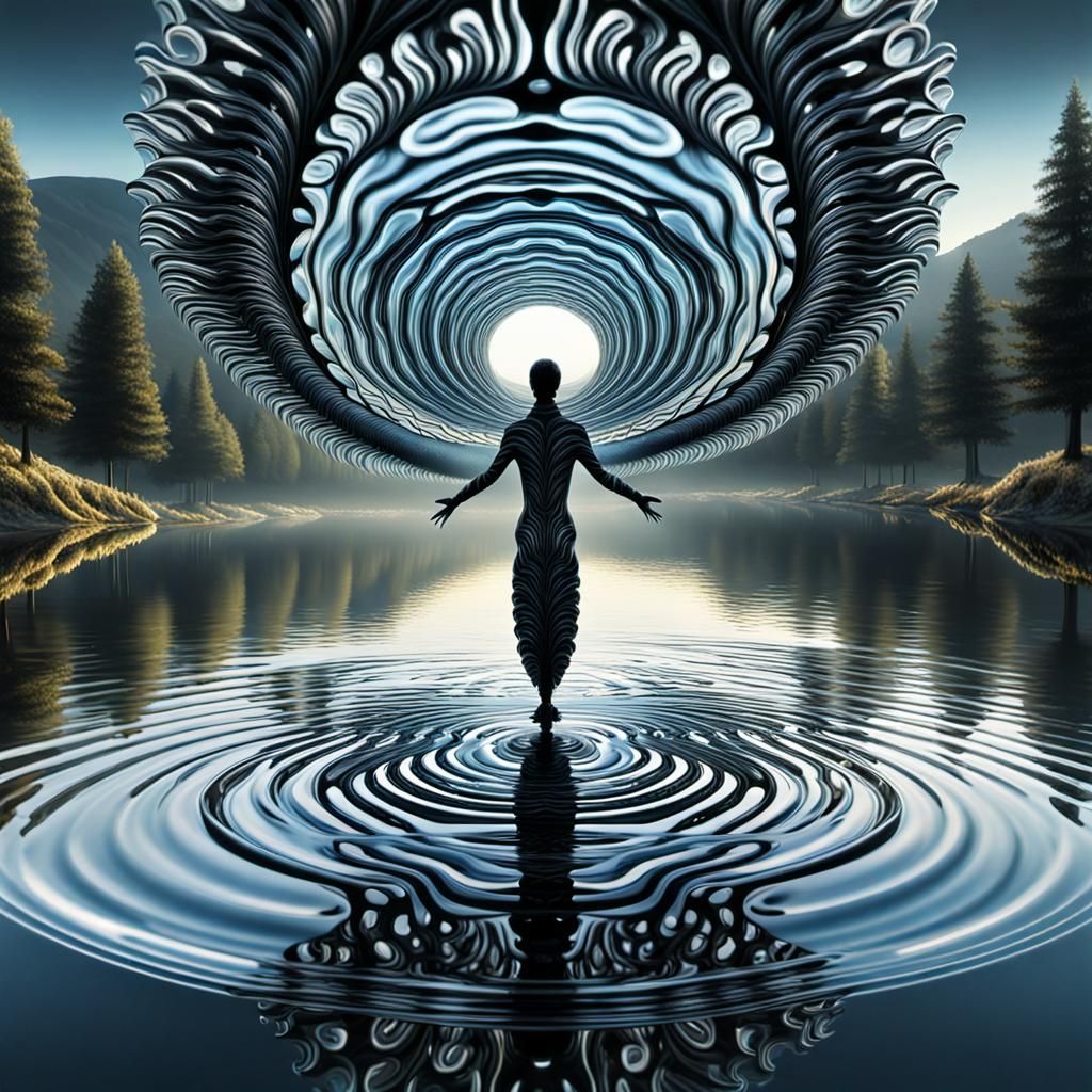 Fractal Ferrofluid Humanoid Twirling on Lake