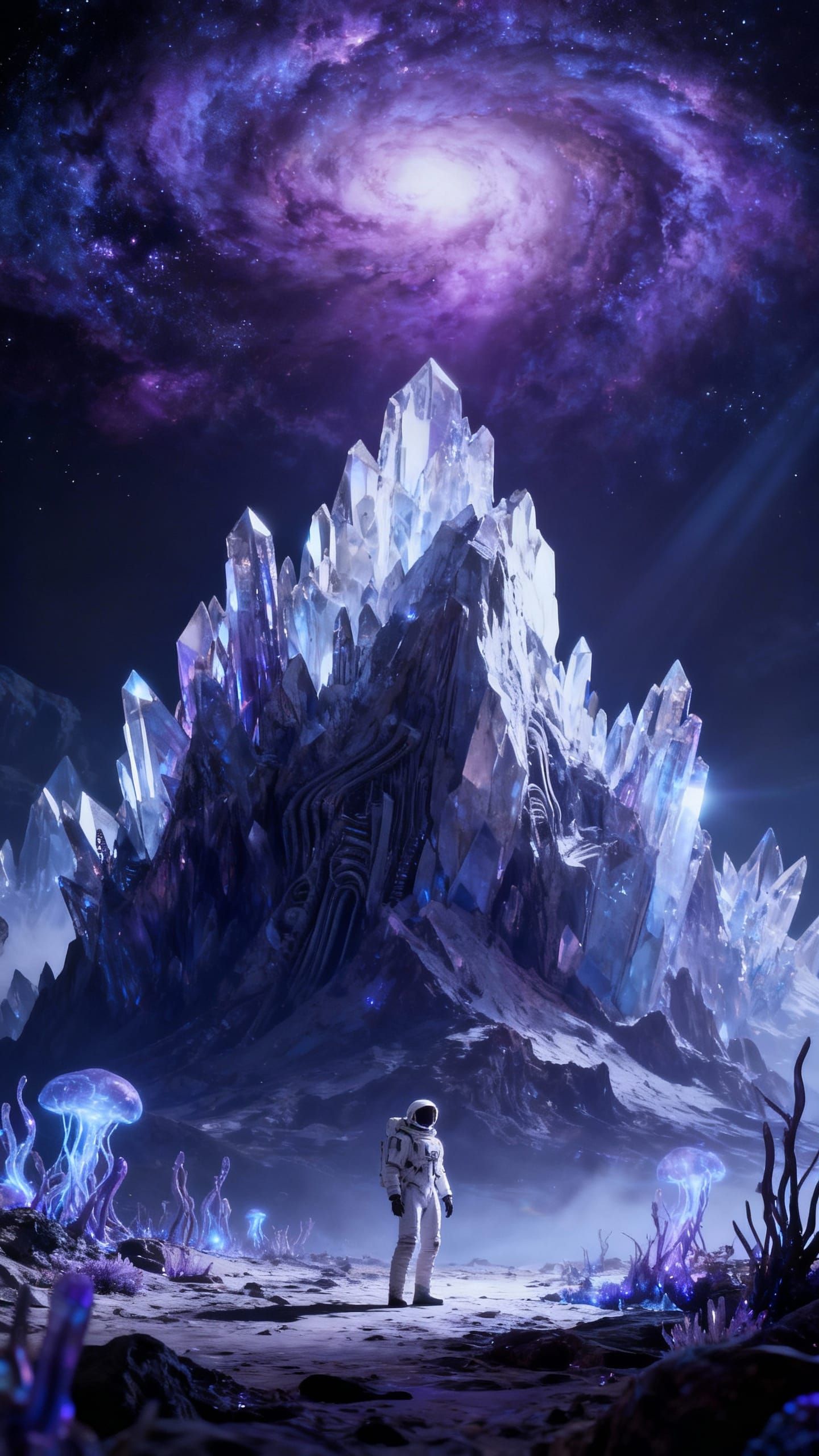 Astronaut on Alien Planet Gazing at Crystalline Mountains