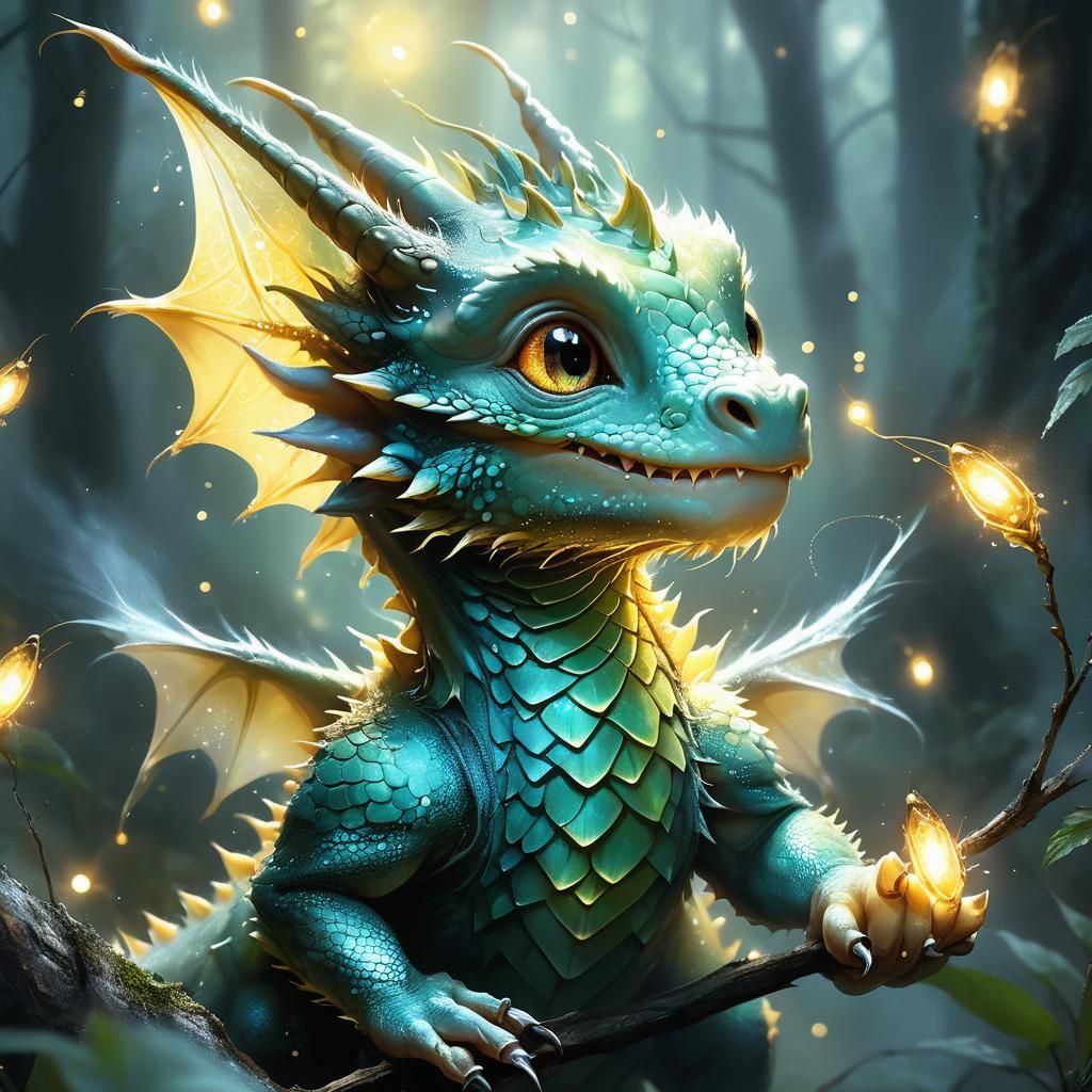 Baby Dragon in Misty Forest: Ethereal Digital Art