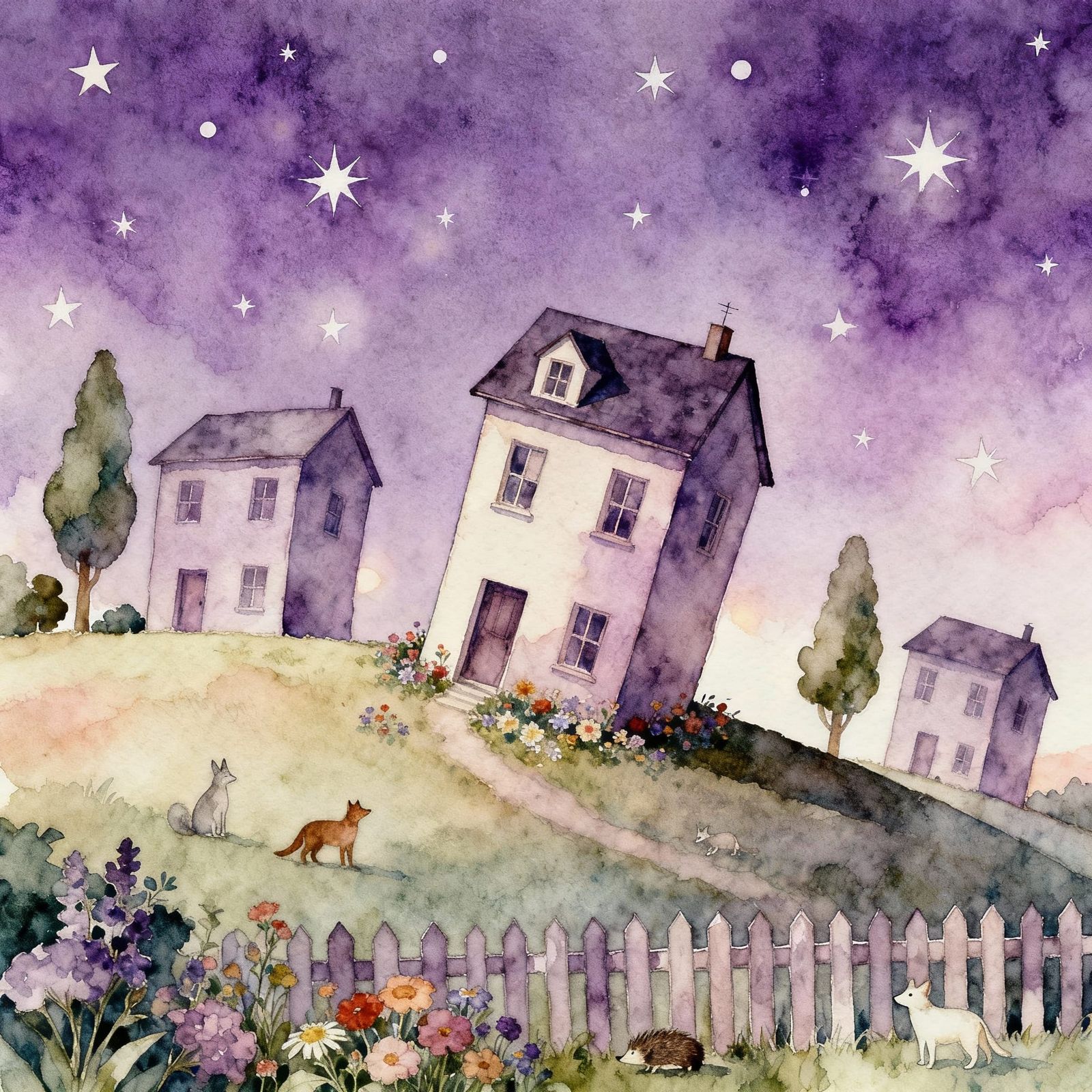 Surreal Watercolour Houses on a Hill with Purple Sky