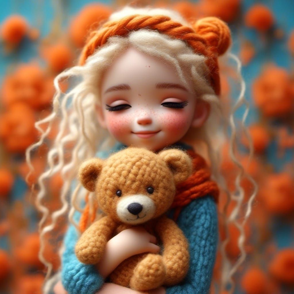 Woolen Girl with Teddy Bear in Colorful Setting