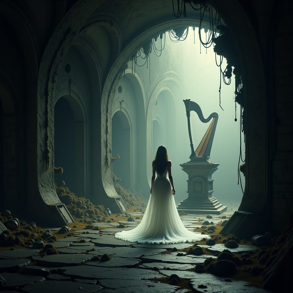 Mystical Woman in Dimly Lit Cylindrical Room