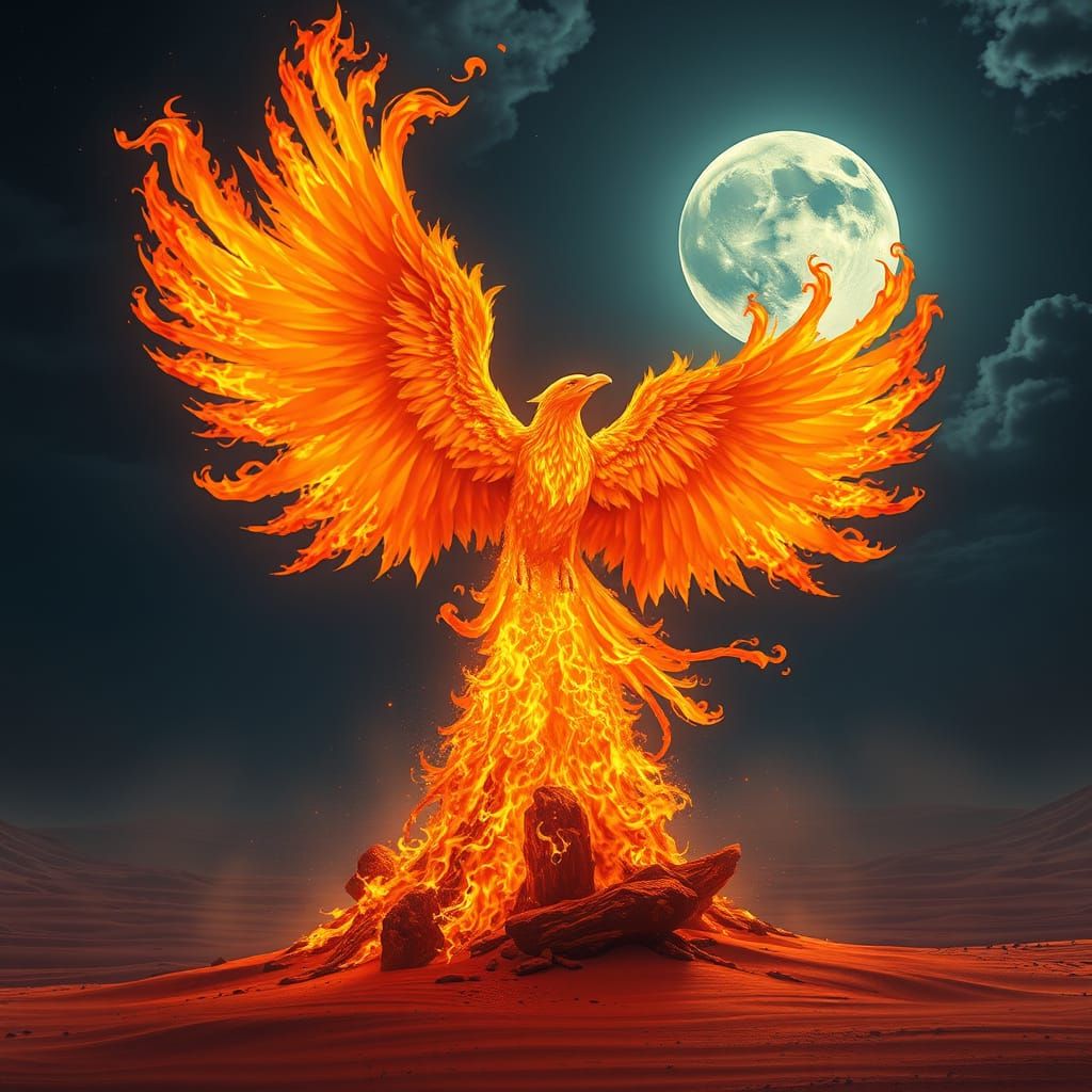 Fiery Phoenix Rising from Desert Night