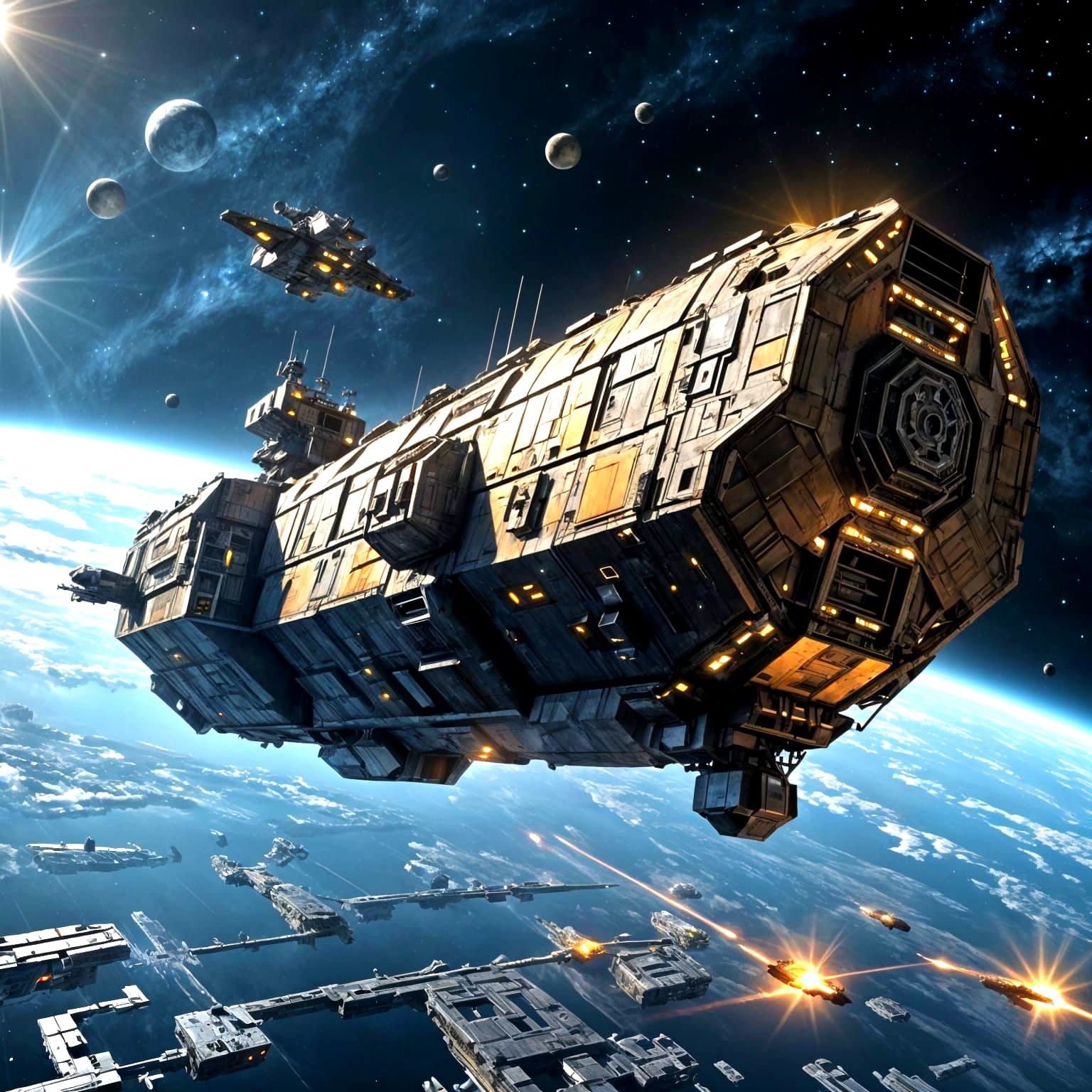 Science Fiction Salvage Freighter in Orbital Battlefield