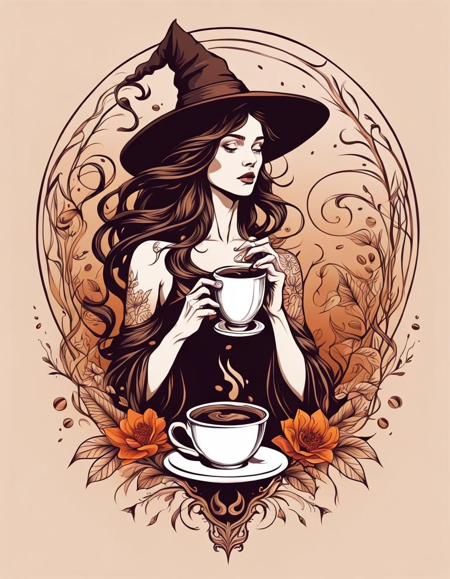 Witch; coffe; magic; art nouveau; sketch; floral; tattoo style; vector; Solid lines only; minimalist; mystery, logo, nat...
