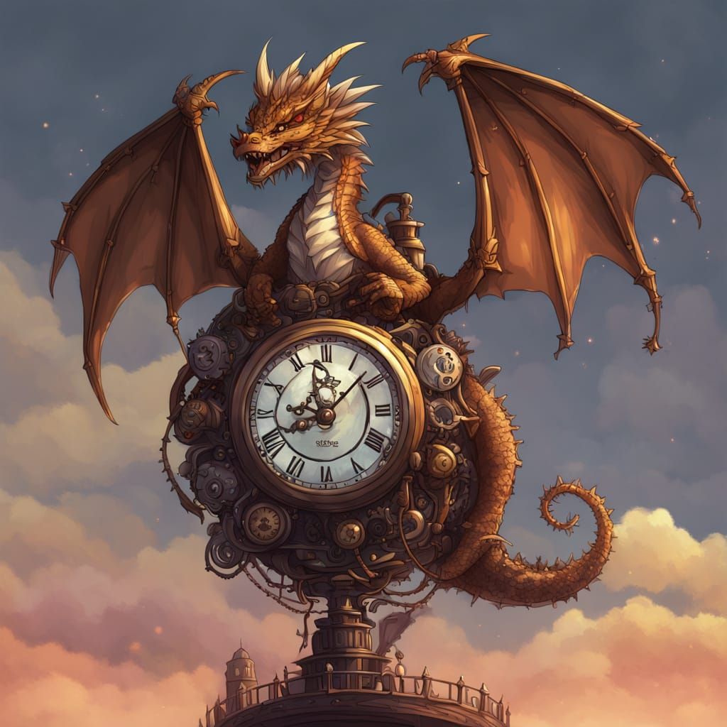 Steampunk Dragon Guarding Alarm Clock in Golden Hour