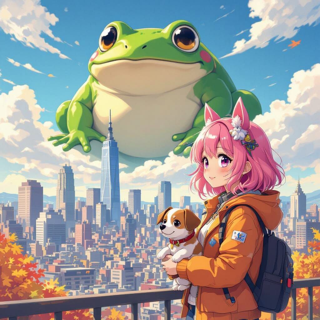 Anime Girl With Horse Ears Holding Puppy Over City