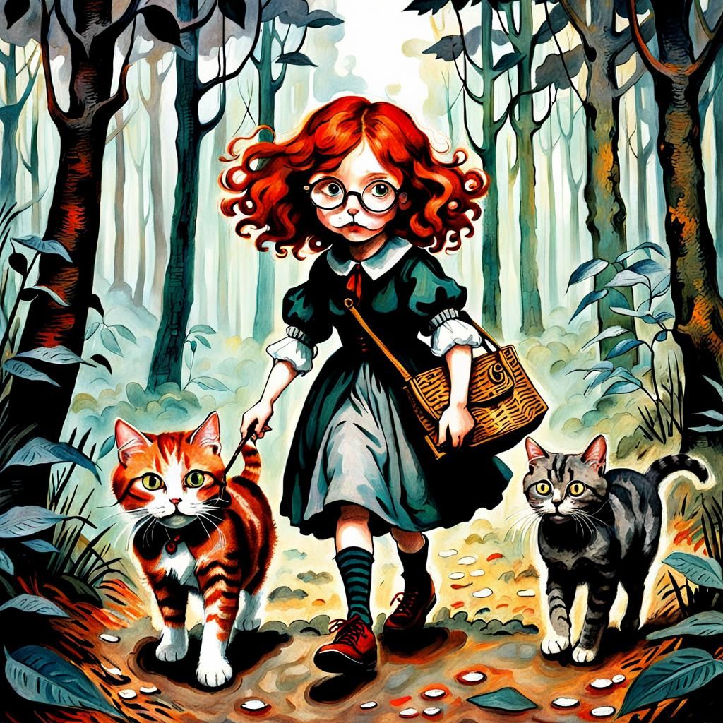 Girl and Cat in Forest, Storybook Illustration