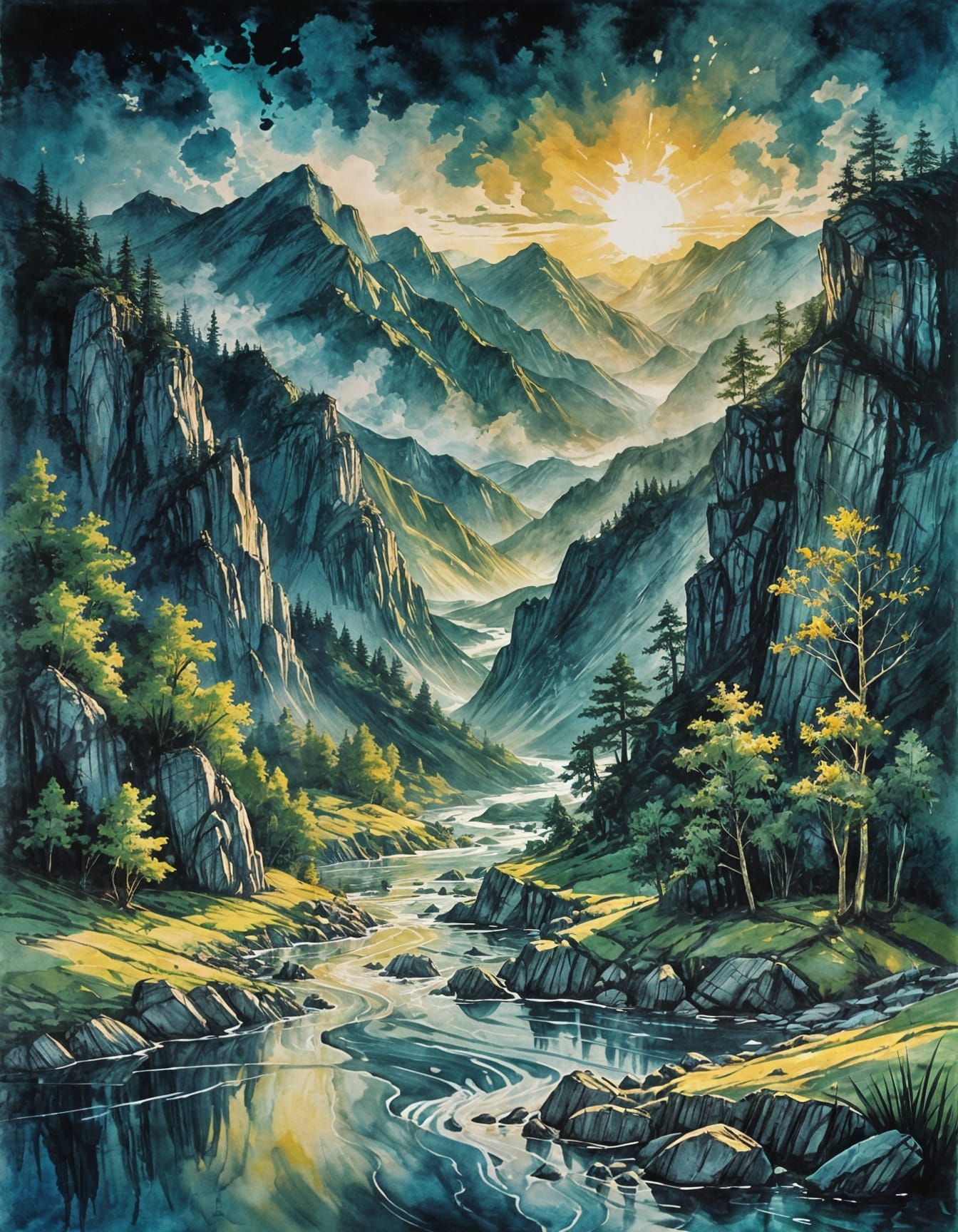 Textured Landscape with Ink Splatter Effect