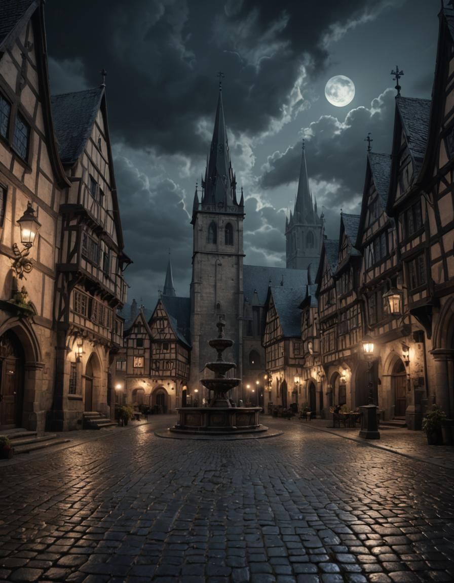 Eerie Gothic Medieval Town Square at Night