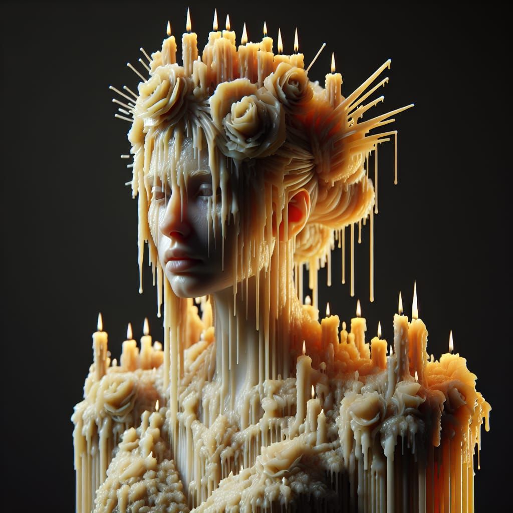 Woman Adorned in Melting Candles: Hyperrealistic Wax Art