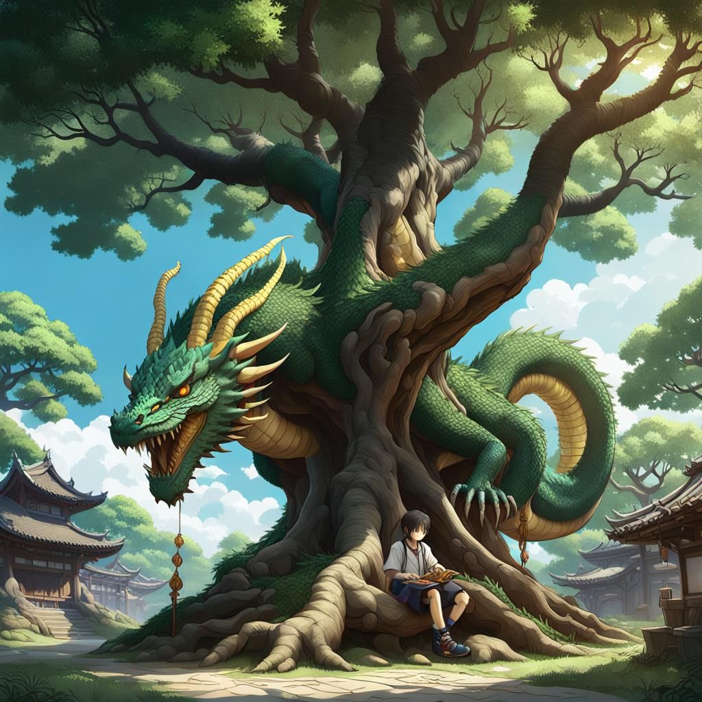 Dragon Eating Tree of Life in Anime Style