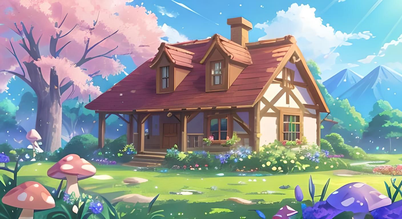 Fairytale Cottage Among Giant Mushrooms in Anime Style