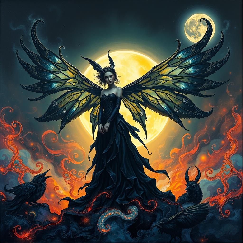 Gothic Fairy Elf in Moonlight, Impasto Heavy Metal Style