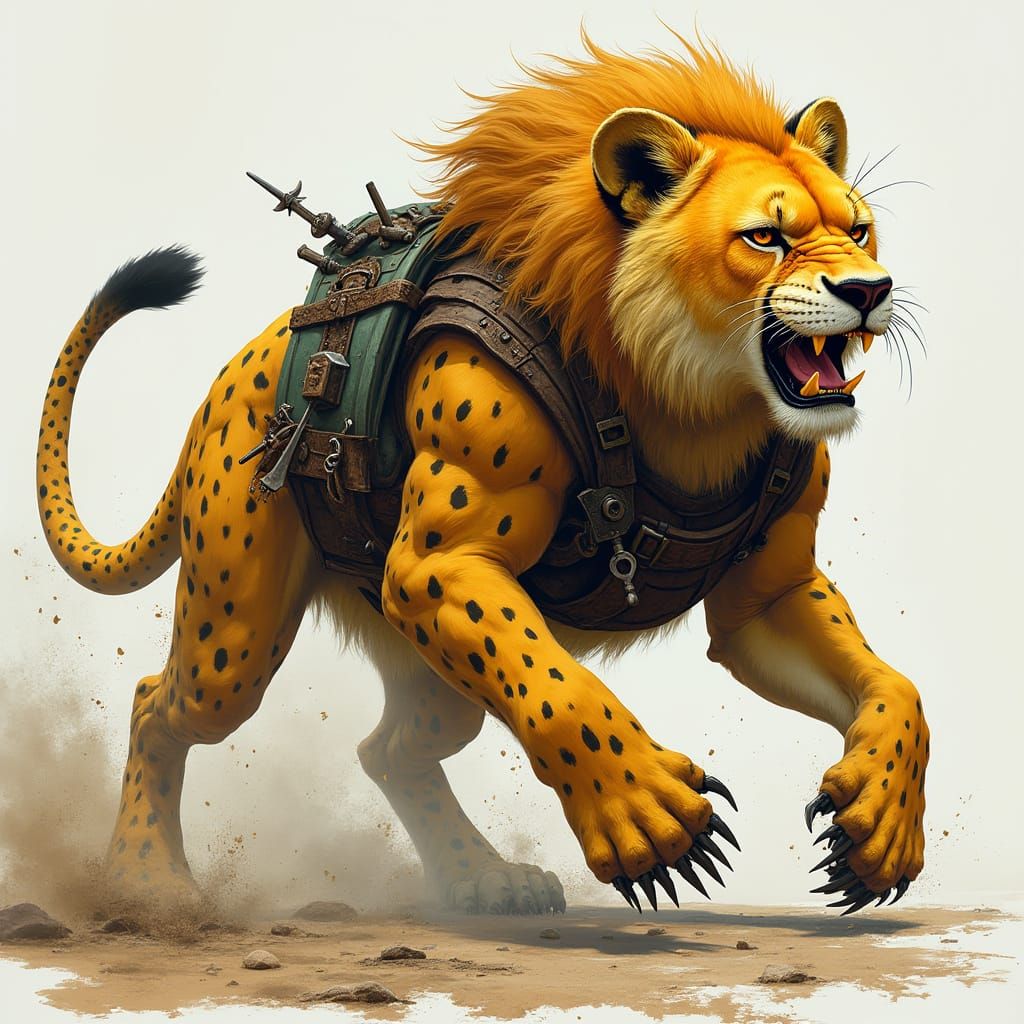 Two-Headed Lion-Cheetah Hybrid in Armored Vest