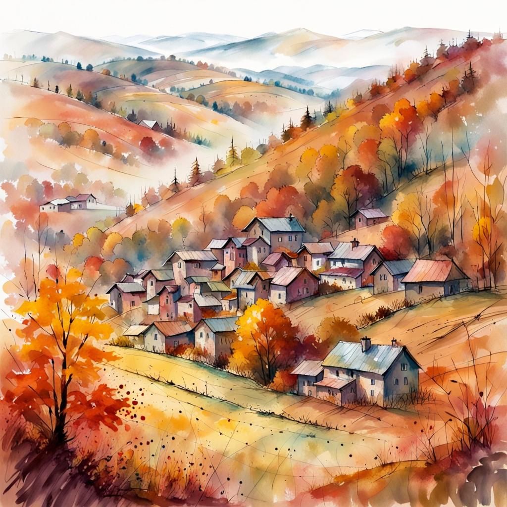 Autumn Forest Landscape in Watercolor Style