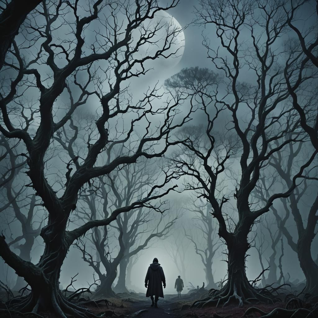 Eerie Figure Walks Through Moonlit Forest in Dark Fantasy St...