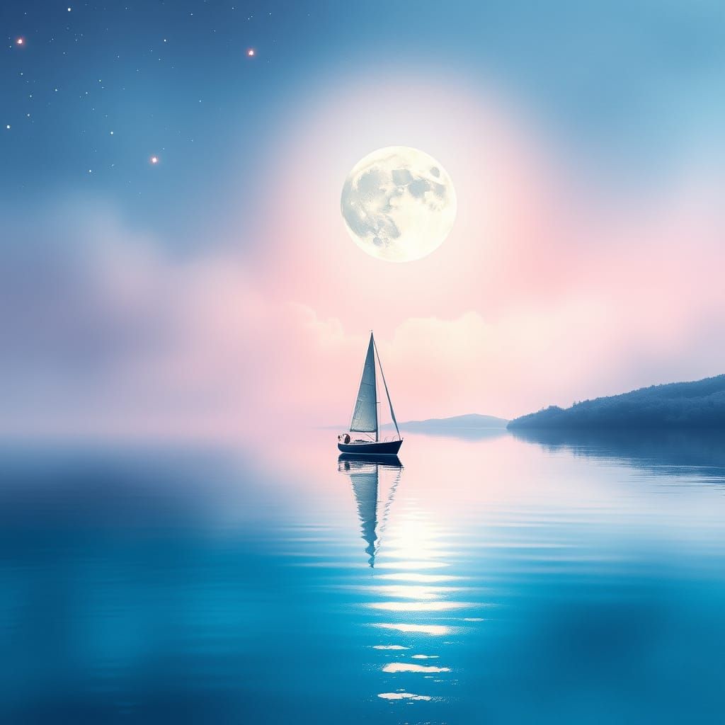 Ethereal Sailboat Under Silver Moonlight