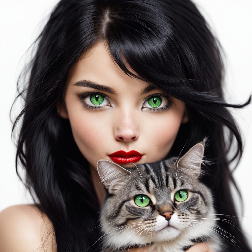 Beautiful Woman with Fluffy Cat in Lifelike Portrait