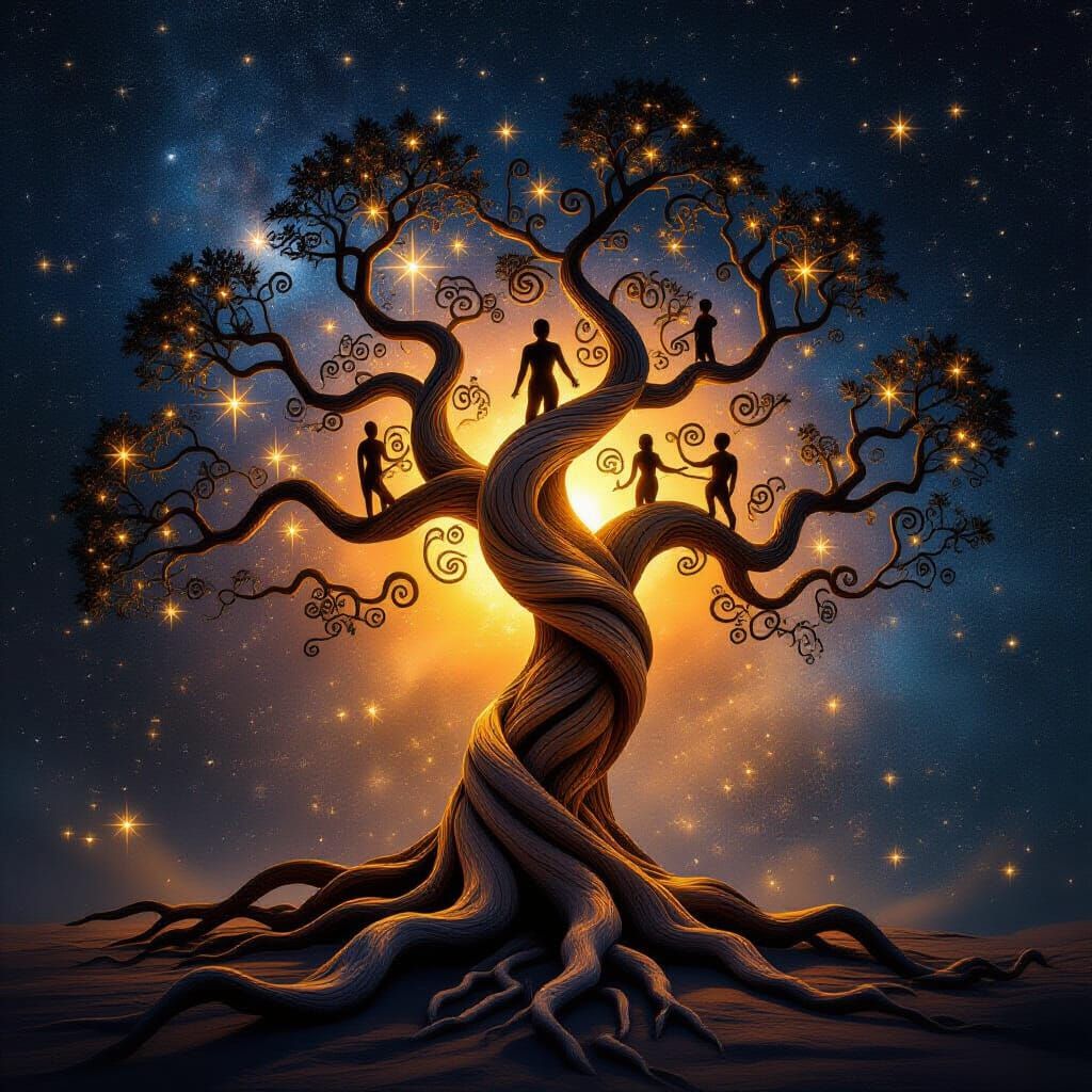 Mystical Driftwood Tree in Starry Void