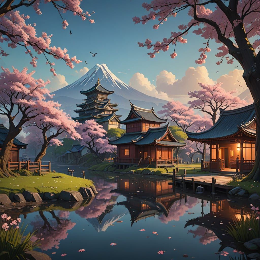 Surreal Cherry Blossom Serenity in Japanese-Inspired Fantasy...