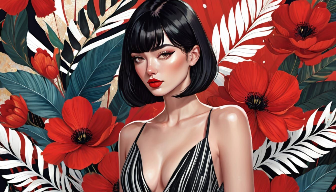 Sexy Woman Portrait with Red Lips in Digital Illustration