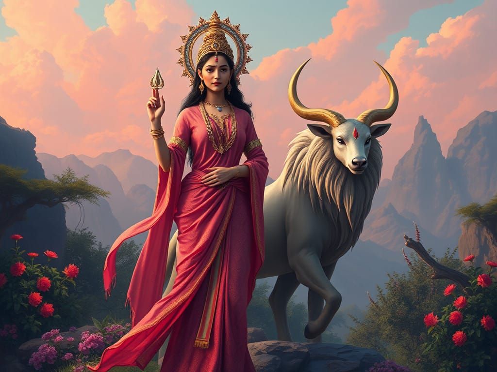 Elegant Hindu Goddess in Lush Landscape, Indian Pop Culture...
