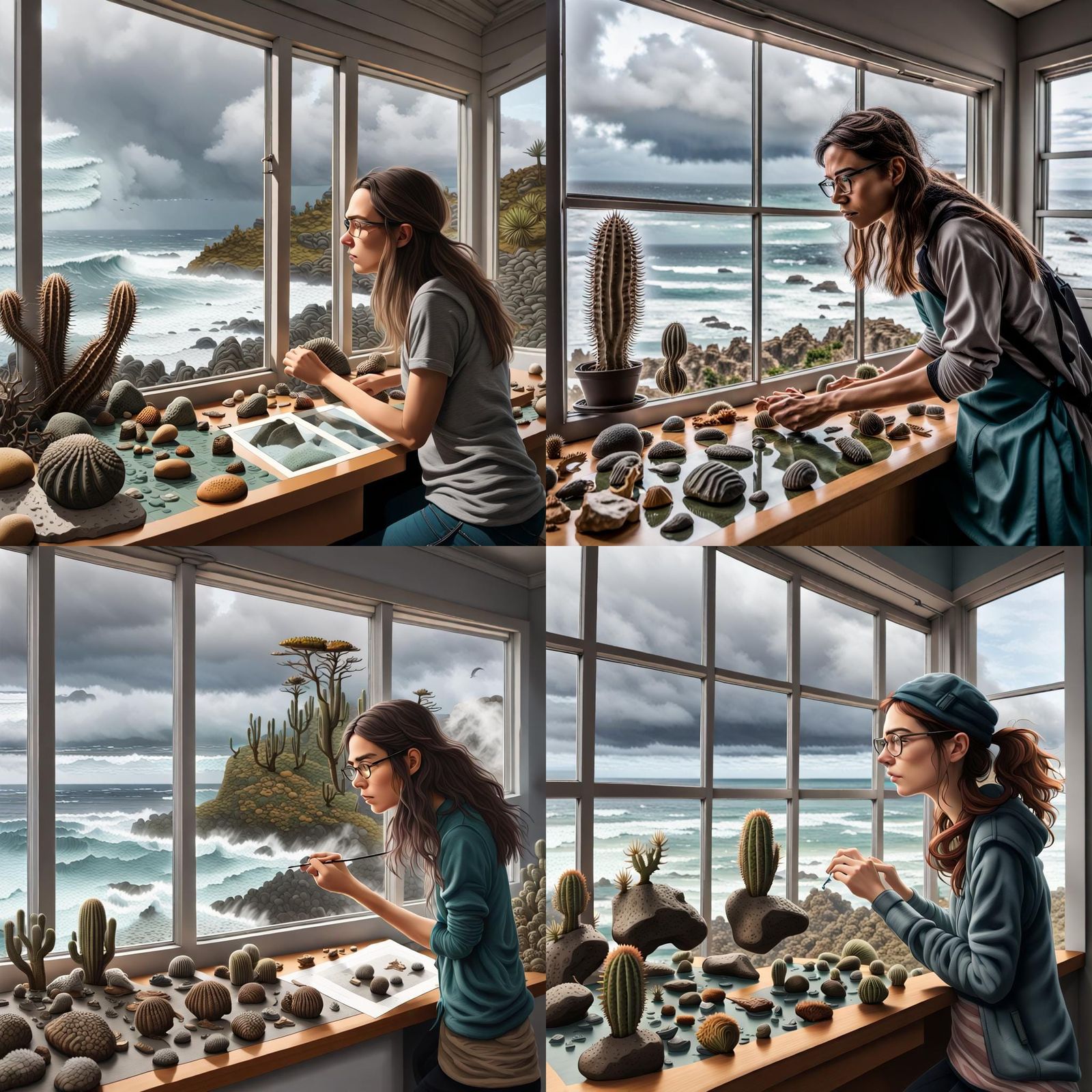 Woman with Fossils in Anime Style Rain Scene