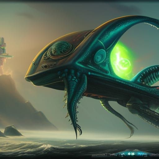Sea Monster and Alien Spaceship: Digital Art