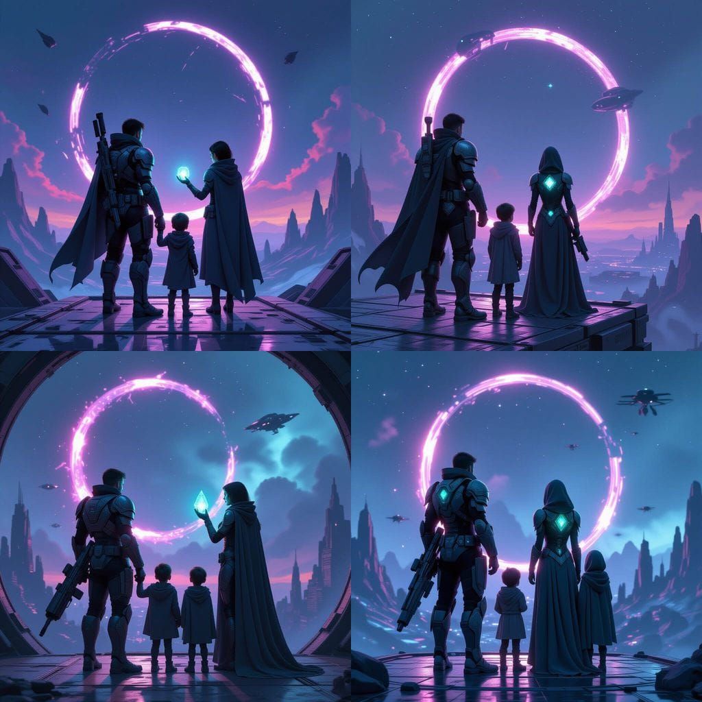 Family Overlooking Shattered Ringworld in Sci-Fi Painting