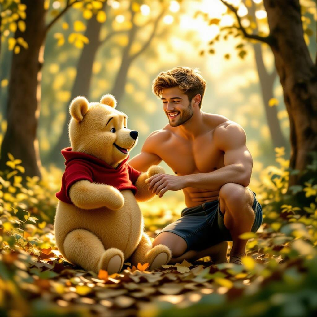 Winnie-the-Pooh and a Young Man in Forest