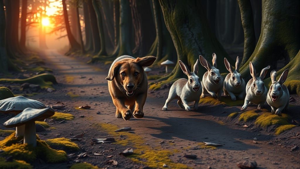Dark Fantasy Hound Pursued by Rabbits in a Gloomy Forest