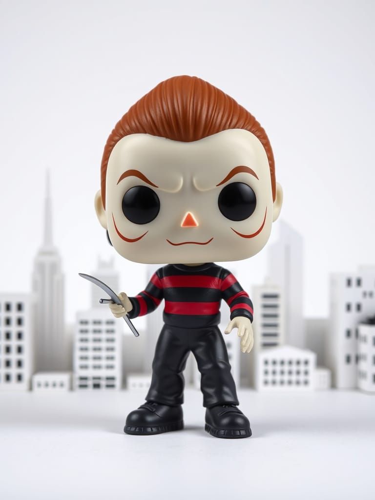 Funko pop Freddy Krueger figurine, made of plastic, product studio shot, on a white cityscape 🏙️ background, diffusedli...