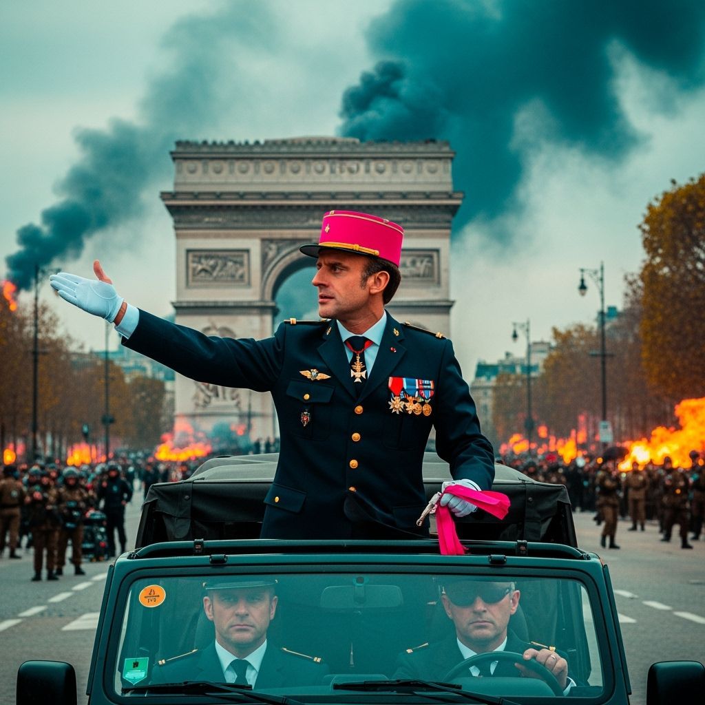 Macron Leads Parade in War-Torn Paris, Retro-Futuristic Art
