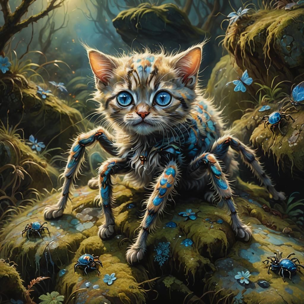 Surreal Kitten-Spider in Dreamlike Oil Painting