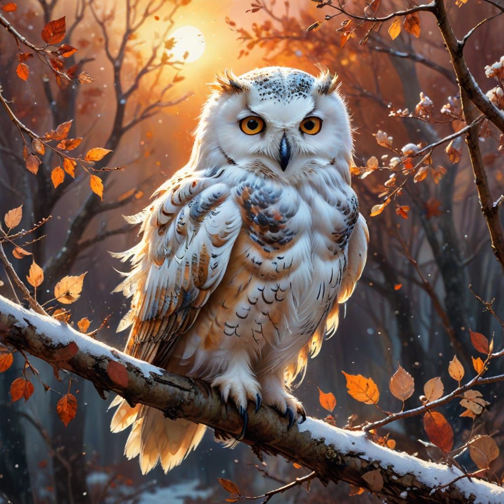 Snow Owl on Autumn Branch in Watercolor Style