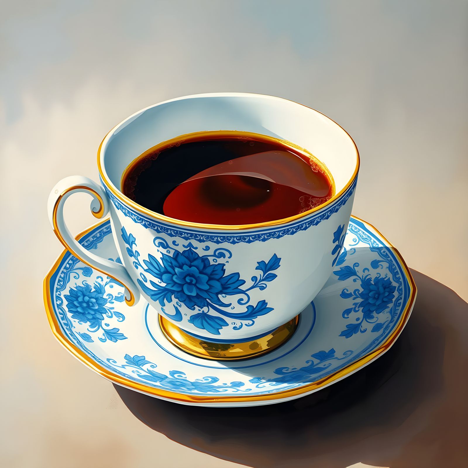 Coffee-Filled Teacup in Gouache Watercolor Style