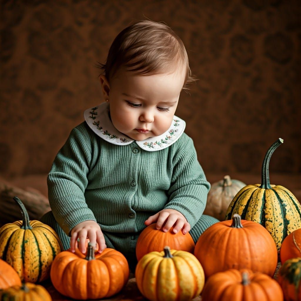 Baby Surrounded by Gourds in Impressionist Style
