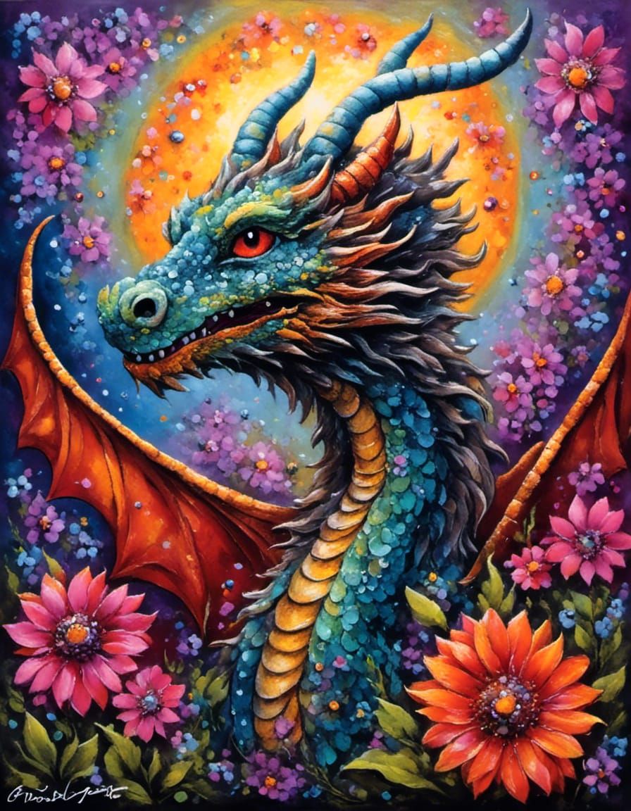 Mythical Dragon Chalk Art with Luminescent Gems
